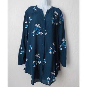 Forgotten Grace Blue Button Up Tunic Top Floral Embroidery Long Sleeves Women XL